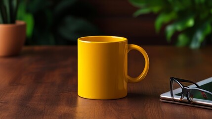 Fototapeta premium Yellow Mug Mockup on Wooden Desk with Tablet and Glasses. Generative AI