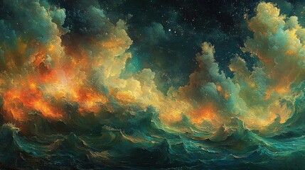 Obraz premium Fiery sunset over a turbulent ocean, stars visible in the night sky.