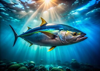 Naklejka premium Candid Photo of Tuna Fish Swimming in Ocean Water