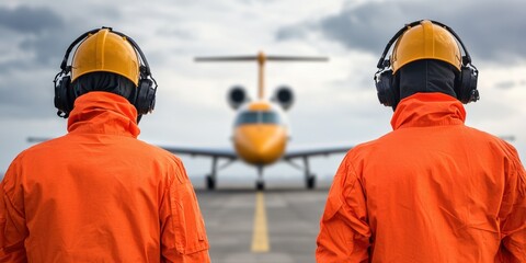life-saving concept. Two airport workers in orange jackets directing a yellow airplane on the runway.