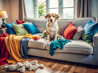 Candid Shot: Dog Relaxing Amidst Messy Living Room - Adorable Puppy on Sofa with Scattered Clothes and Torn Pillows
