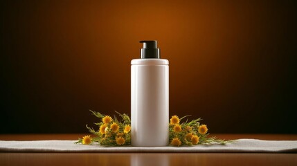 Chamomile Cosmetic Bottle with Floral Detail. Generative AI