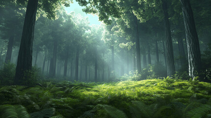 Obraz premium Tranquil Misty Forest with Sunlight and Lush Greenery
