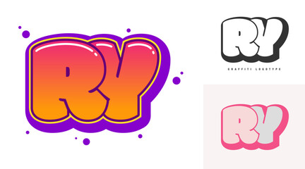 RY logo design for festival or party. Initial letter r and y in graffiti style. Creative modern lettering company name of font typography. Kids trendy logotype or identity.