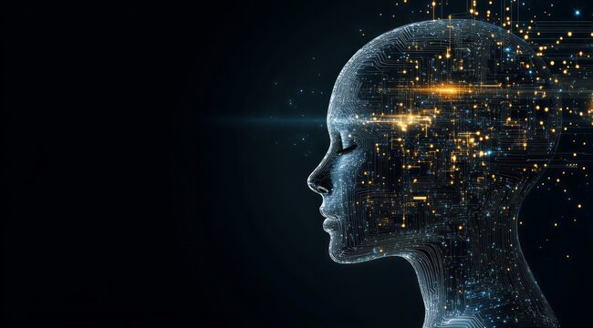 Digital human head with glowing digital circuitry, representing artificial intelligence and machine learning concepts. Abstract background of futuristic technology and data flow for design use.  2