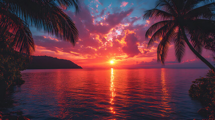 Obraz premium A striking photography of a sunset over a tropical bay, with palm trees silhouetted against the fiery orange and pink sky.