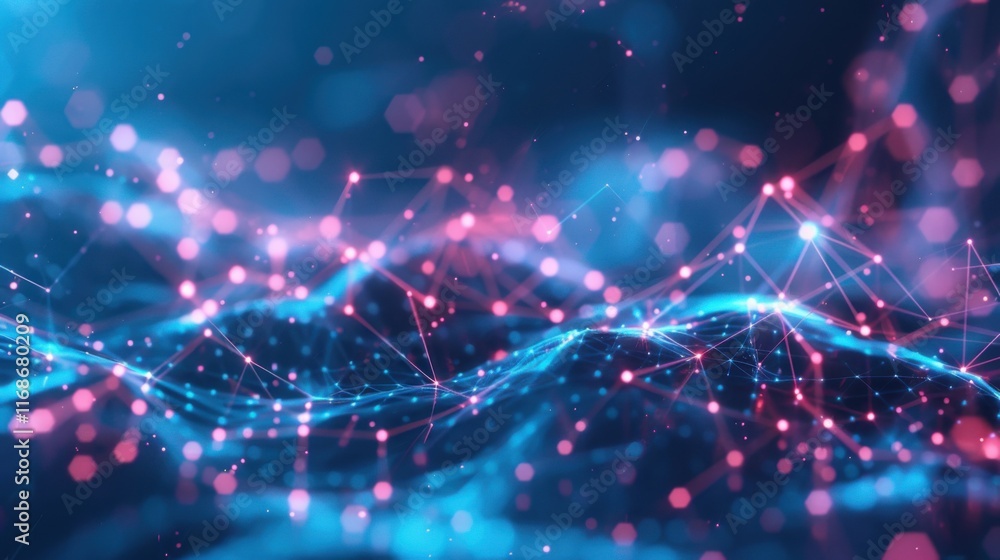 Poster Abstract plexus blue geometry background ,Digital technology network connection ,Abstract background with moving lines and dots 