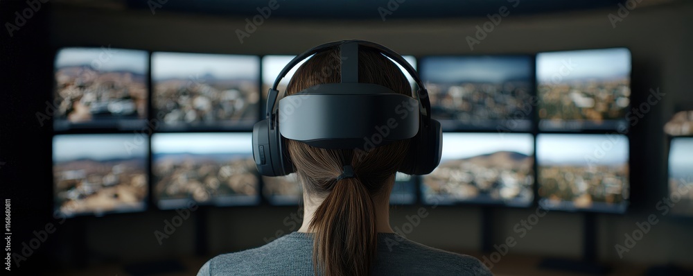 Poster life-saving concept. person using vr headset with multiple screens in the background.
