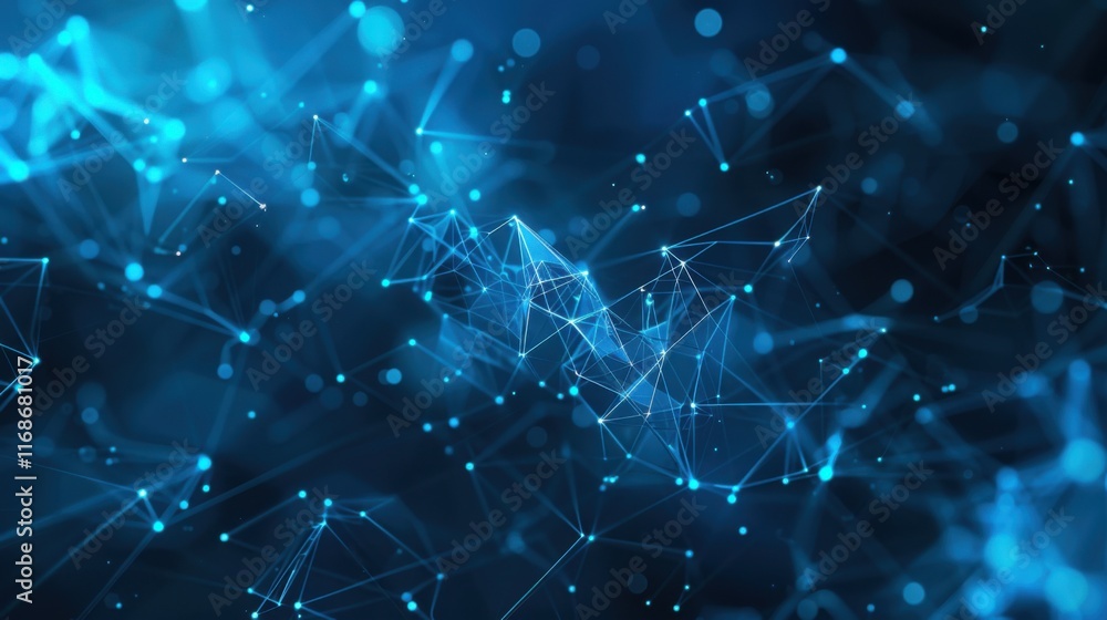 Poster Abstract plexus blue geometry background ,Digital technology network connection ,Abstract background with moving lines and dots 