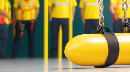 life-saving concept. Safety equipment in a training environment with workers in the background.