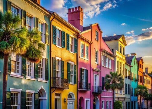 Charleston Rainbow Row Minimalist Photography: Colorful Historic Houses, South Carolina
