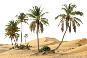 Obraz premium A real-life desert oasis with lush palms and vivid sands, creating an idyllic escape in a stark, arid environment, isolated on a transparent background