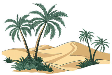 An illustrated desert with stylized sand dunes and four cartoon-like green palm trees. The plants are surrounded by bushes, creating a vivid, isolated on a transparent background