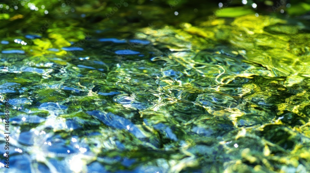 Poster a close-up view of shimmering water with reflections and aquatic plants beneath the surface.