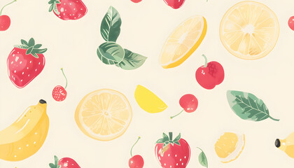 Obraz premium Vibrant Fruit Illustration: Lemon, Strawberry, Banana, Cherry Pattern