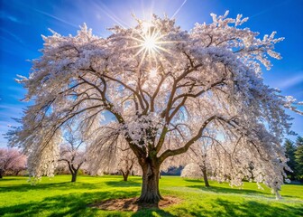 Fototapeta premium Cherry Plum Tree Landscape - Spring Blossom in Sunlight, Beautiful Prunus Salicifolia Branches
