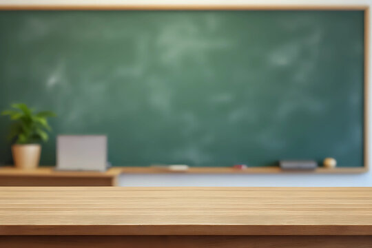 Wooden top with blurred empty classroom background can be used for mocking up or display product to make advertising.