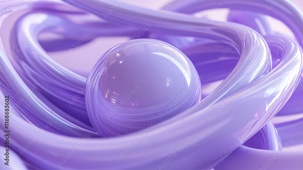 Poster flowing purple lines weave around a luminous sphere in a captivating abstract design