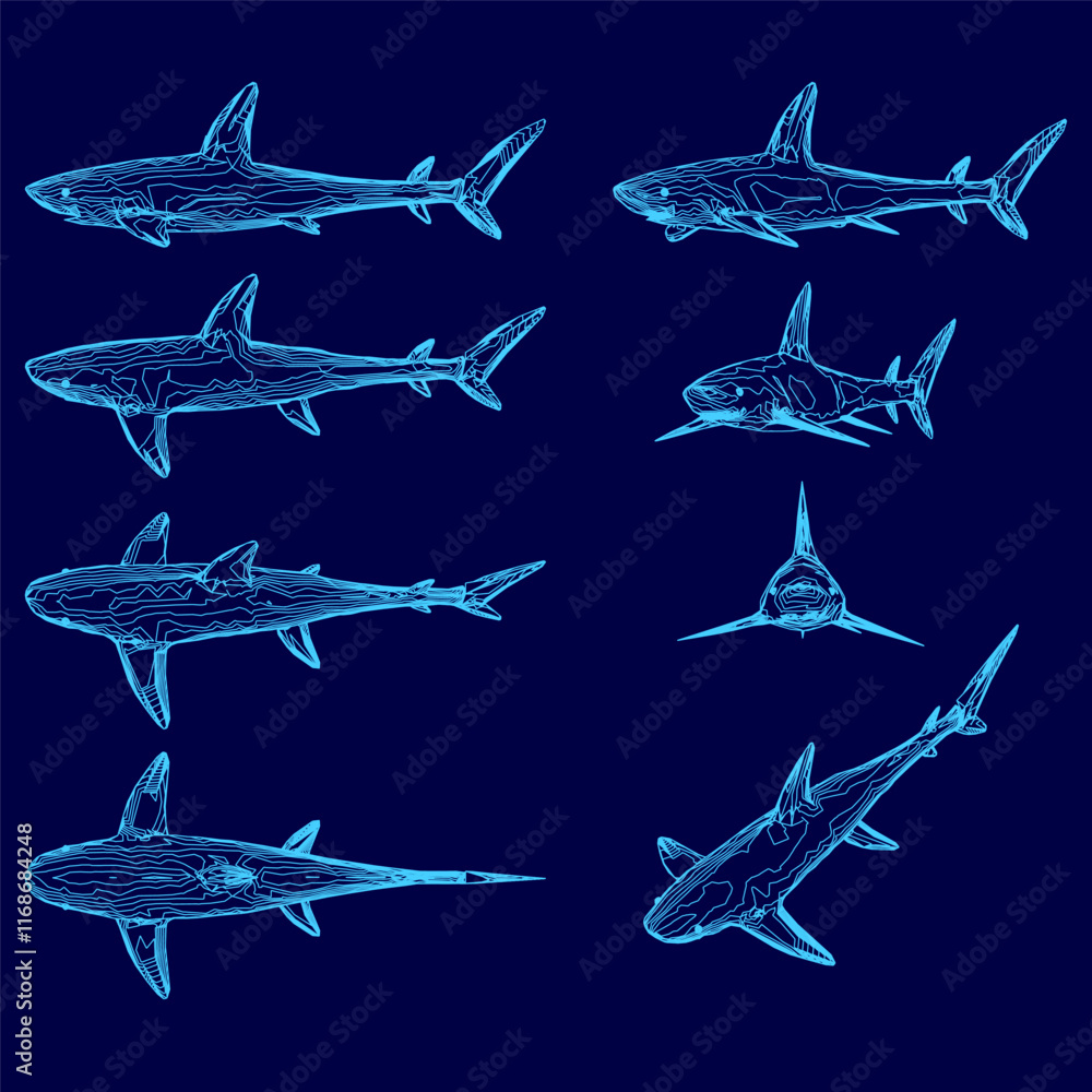 Poster series of blue drawings of sharks. the drawings are all different sizes and angles, but they all hav