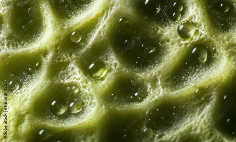Poster close-up macro image of water droplets on textured green surface with intricate patterns and organic