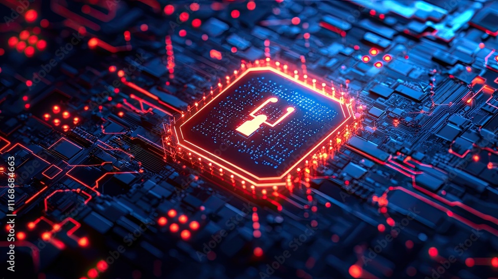 Poster cybersecurity abstract design with polygons and lines protecting data on a dark blue background.