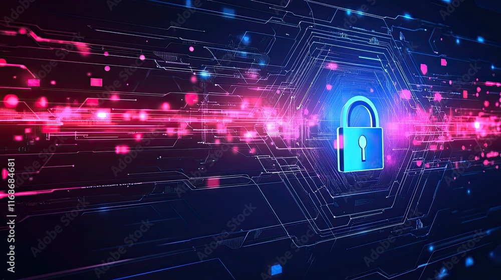 Poster cybersecurity abstract design with polygons and lines protecting data on a dark blue background. -
