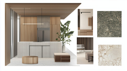 Create a moodboard showcasing only the materials used in a sophisticated and elegant design, without creating an image of an environment. The moodboard should focus on individual material samples