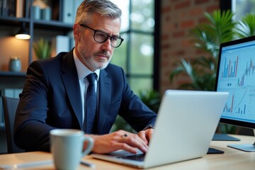 Fototapeta premium Focused Businessman Working on Laptop in Modern Office, Ideal for Business Marketing, Website Design, and Professional Portfolio