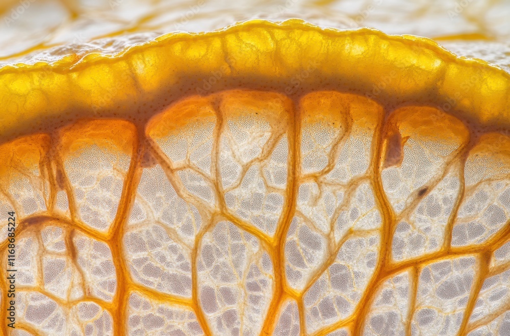 Poster close-up of abstract orange and yellow organic texture with intricate veins and patterns in a natura