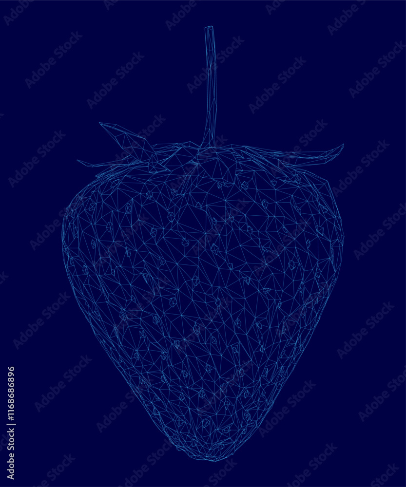 Poster blue strawberry with a stem is shown in a blue background. the image is a digital rendering of a str