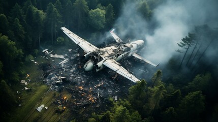 Naklejka premium Aerial view of a crashed plane in a dense forest, surrounded by smoke and debris, with a focus on the wreckage and natural surroundings.