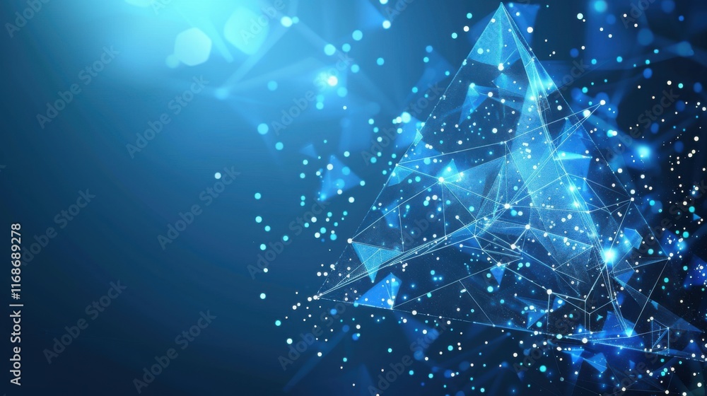 Poster abstract technology of low poly triangle shape with dots and lines network dynamic on blue cyber spa