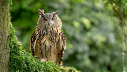 A Wise Owl Perched on Tree in a Lush Garden and Copy Space
