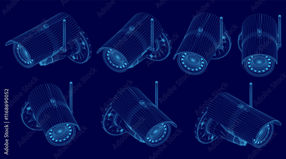 Poster series of blue images of a security camera. the images are all different sizes and angles, but they 