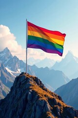 Colorful LGBTQ flag waving high on mountain peak, Nature, LGBTQ community movement