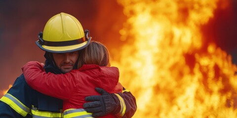 life-saving concept. A firefighter comforting a child in front of a raging fire.