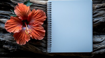 Orange hibiscus flower beside blank notebook on rustic wood.