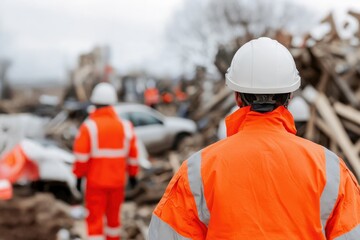life-saving concept. Workers in safety gear assess a disaster site with debris and damaged vehicles.