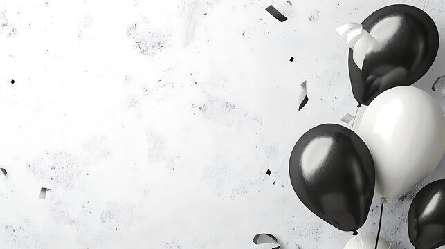 Black and white balloons float against a textured background