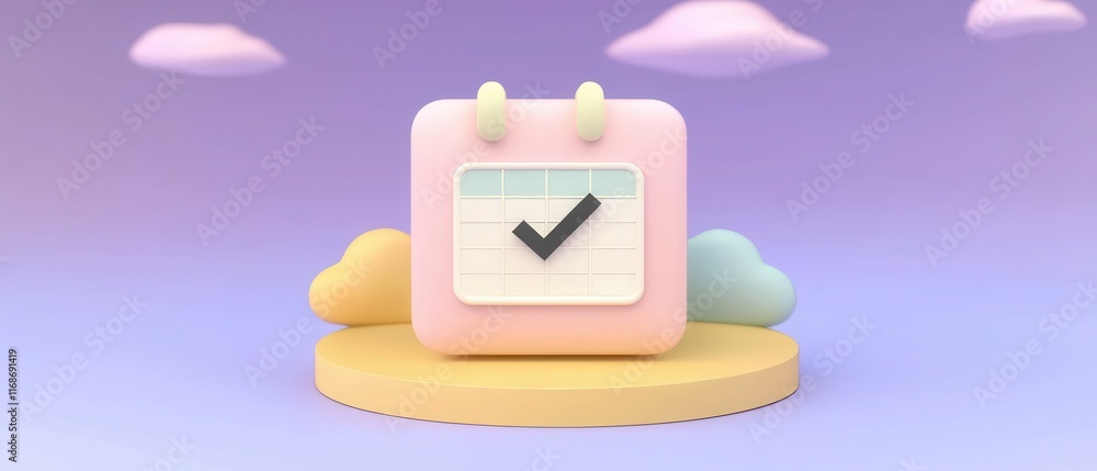 Poster 3d render of pink calendar with checkmark on pastel background task complete concept