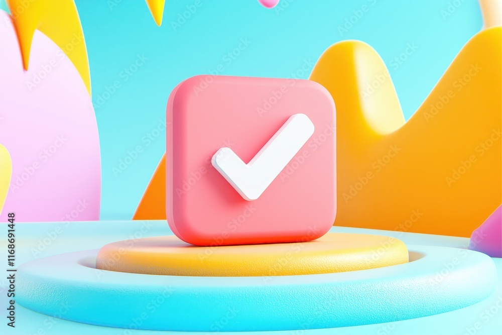 Poster 3d render of a pink checkmark icon on colorful abstract background