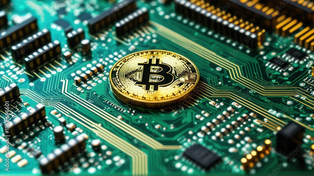 Poster bitcoin on circuit board: digital currency and blockchain technology symbol