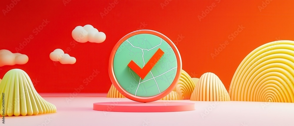 Poster 3d render green map with red checkmark icon on pink platform abstract background