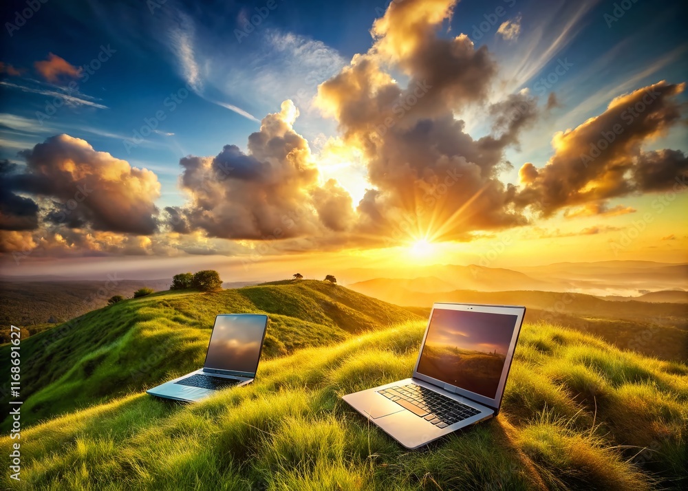 Aufkleber cloud computing: seamless data transfer between laptops in a serene landscape