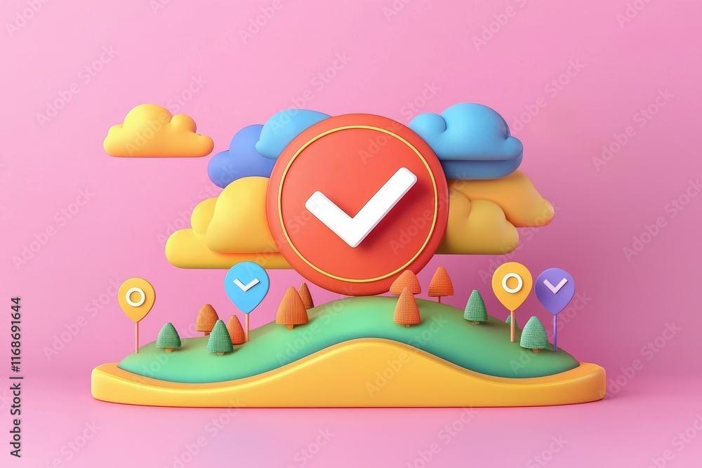 Aufkleber colorful 3d render of checkmark icon on hill with clouds location markers and trees