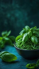 Freshly Harvested Aromatic Basil Leaves in a Black Bowl Ready for Cooking and Culinary This image showcases the vibrant green color and natural beauty of the herb