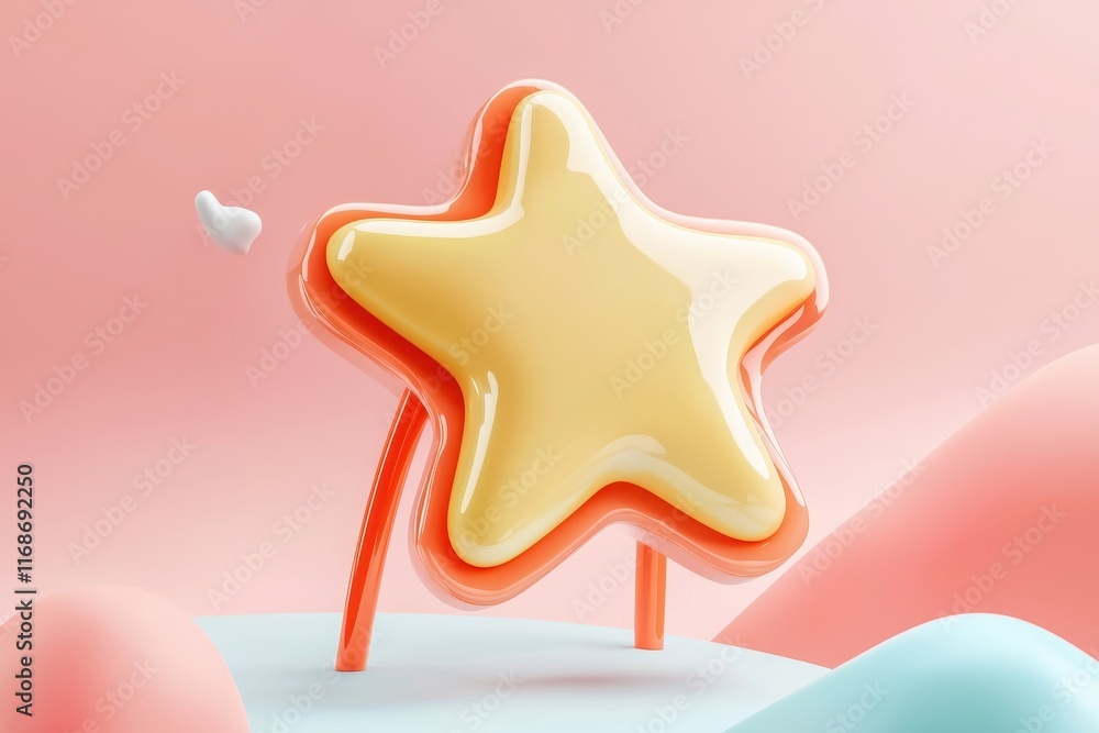 Poster glossy yellow star shape on pastel background 3d render abstract design element