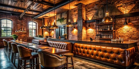 Industrial Chic Bar Interior: Exposed Brick, Metal Accents, Vintage Lighting
