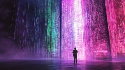 Futuristic Government Decision-Making: Officials Analyzing AI-Powered Color-Coded Policy Outcomes on Towering Screen