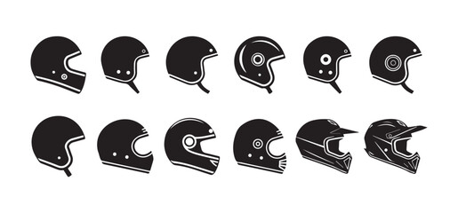 Collection of silhouettes motorcycle helmets icon on white background